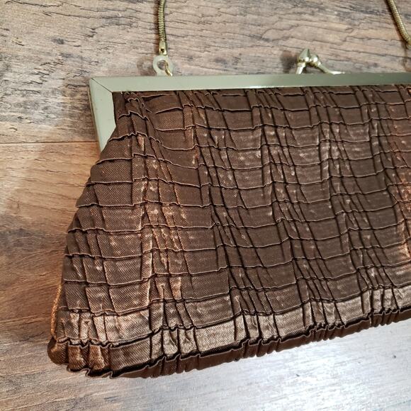 VTG Brown Sheen Braided Satin Textured Kiss Lock Crossbody Clutch Handbag - Picture 2 of 12